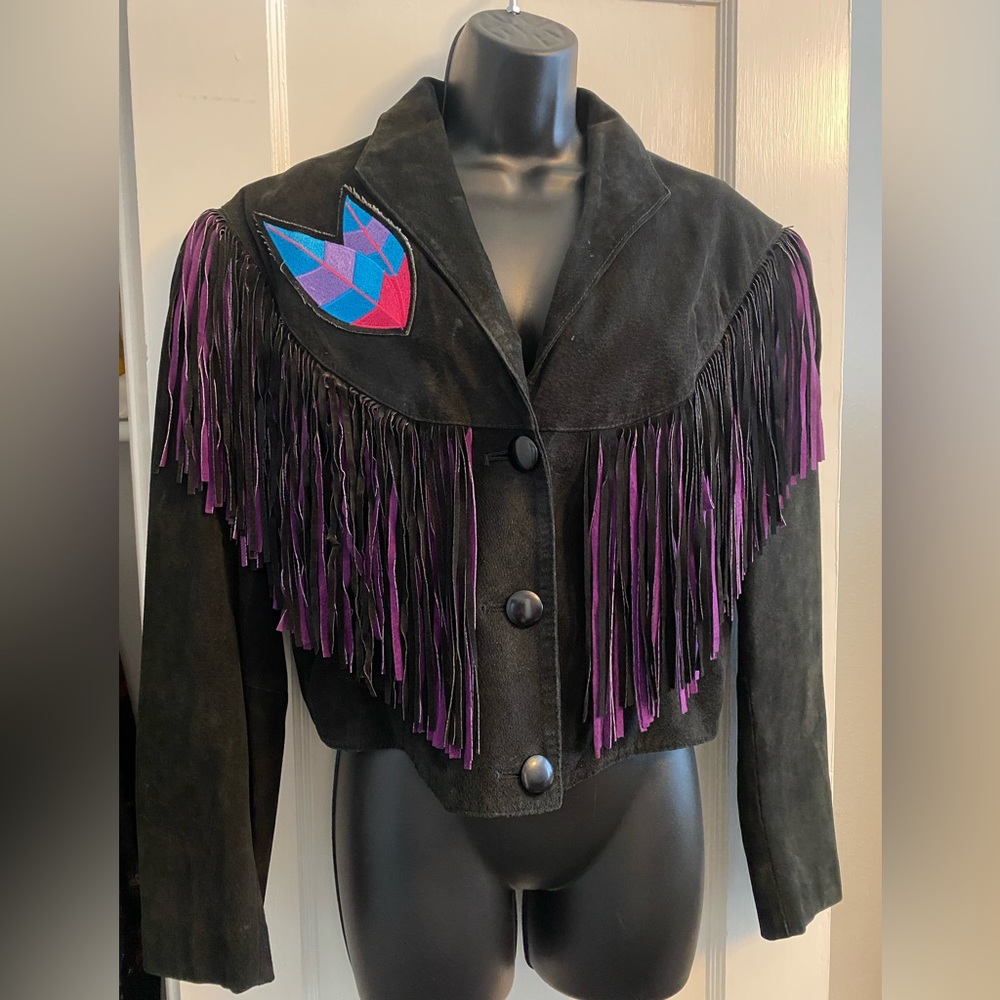 Vintage black leather Native American fringe jacket